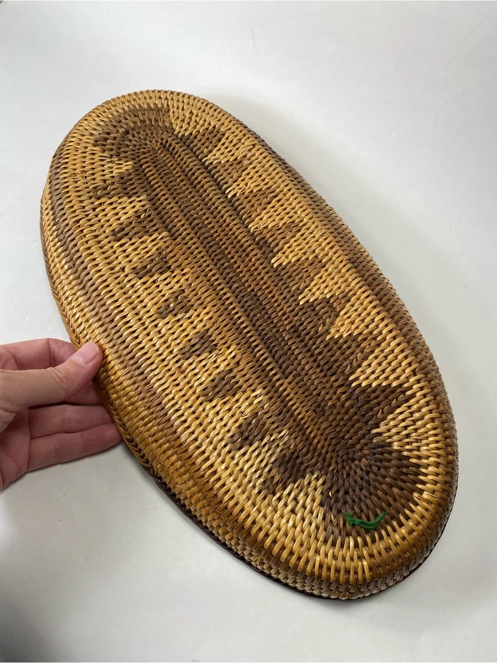 Artisan Two-Tone Hand-Woven Oval Oblong Geometric Pattern Rattan Basket Tray